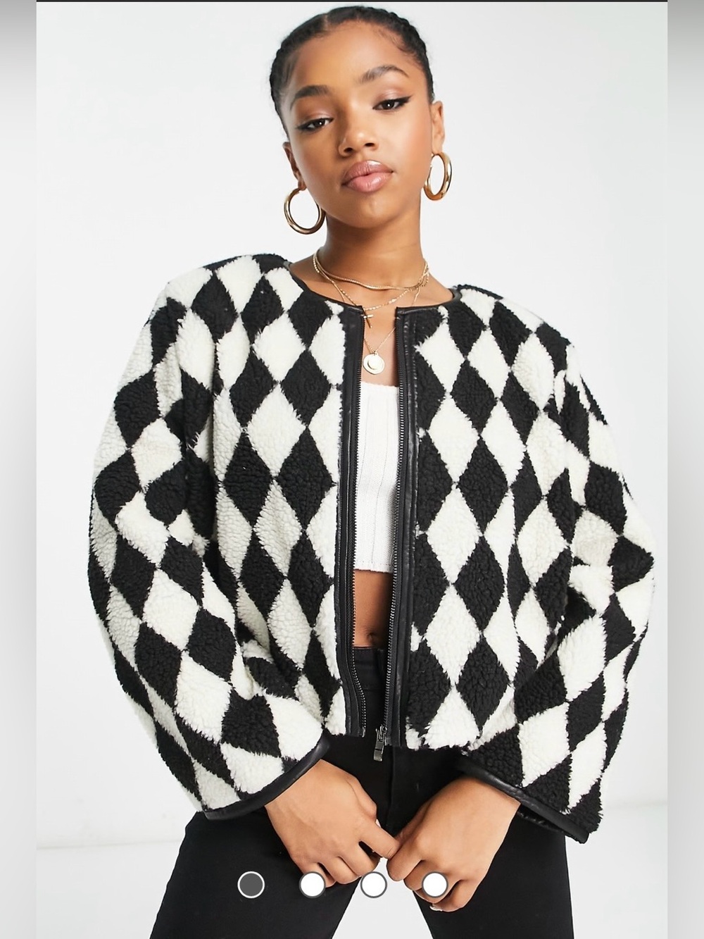 Urban Revivo Faux Fur Jacket in Black and White Diamond Check size M